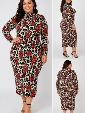 SHEIN CURVE MIDI LEOPARD BODYCON DRESS SZ 2X